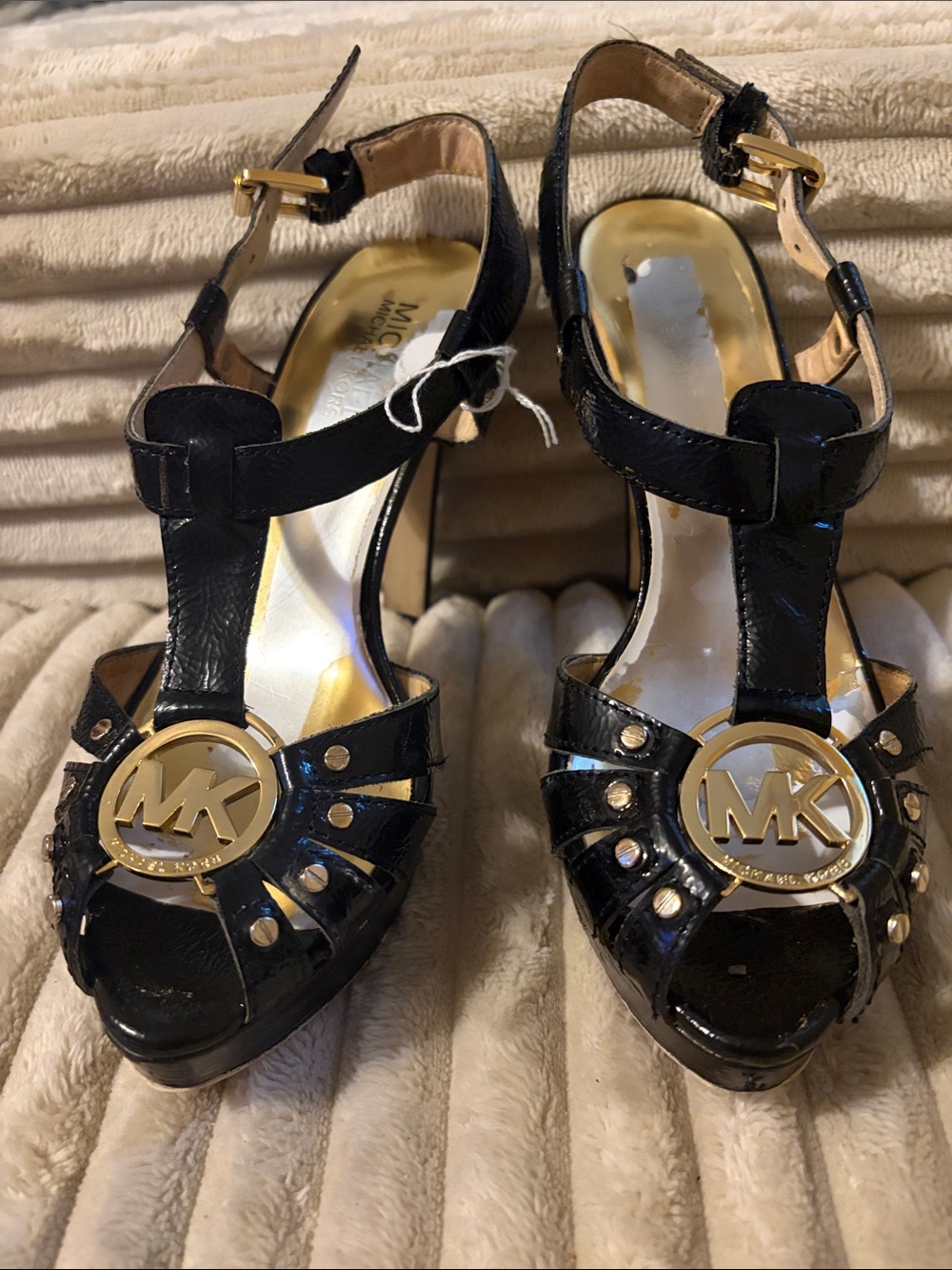 Michael Kors Black Leather T-Strap Platform Heels with Gold Logo
